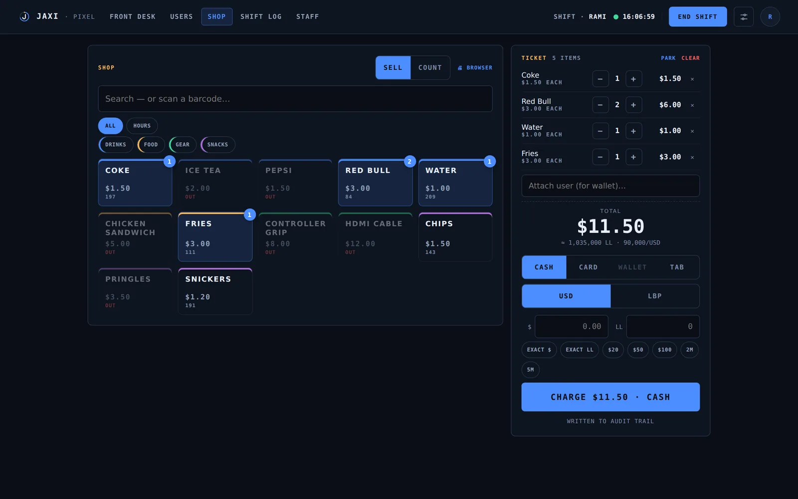 Jaxi register with products, a ticket, and USD and LBP tender
