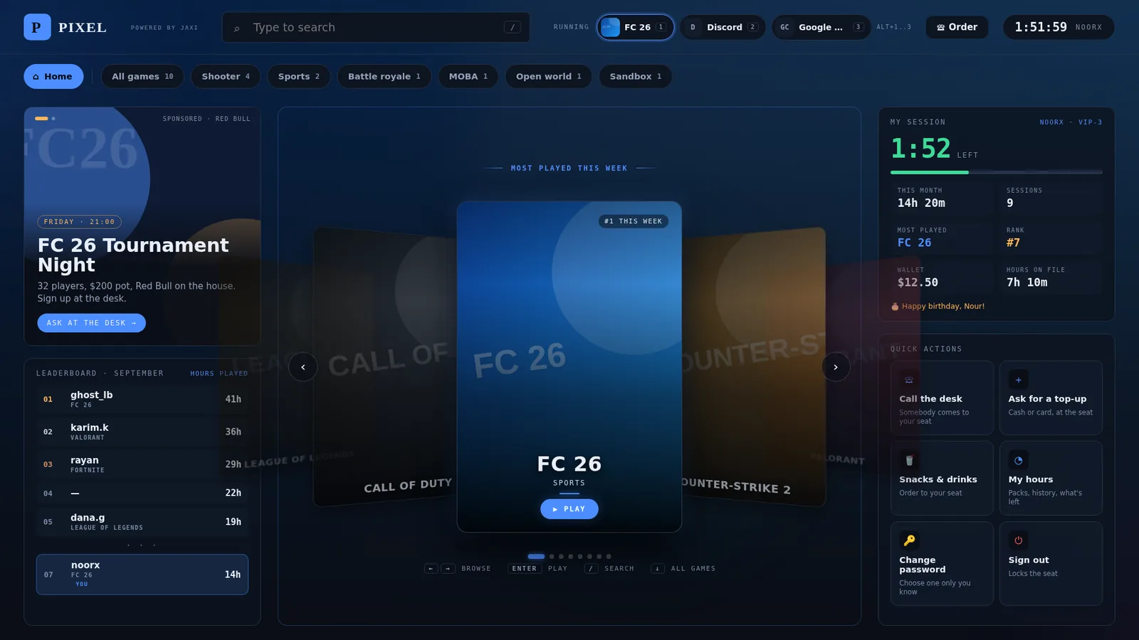 Jaxi player home with game library, session clock, leaderboard and snack ordering
