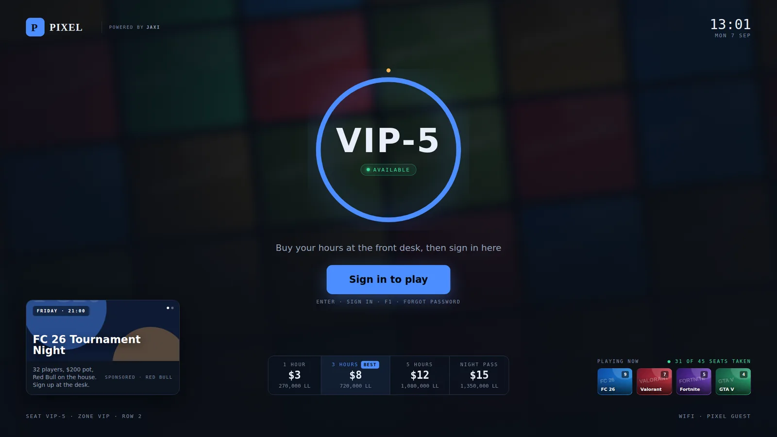 Branded seat sign-in screen with hour packs and popular games